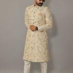 Lucknowi Chikankari Embroidered Pastel Sherwani Achkan with Floral Details | Jaipurio